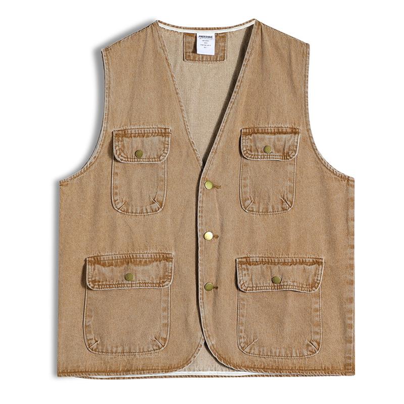 Mens Vintage Multi-Pocket Denim V-Neck Vest 98299084X