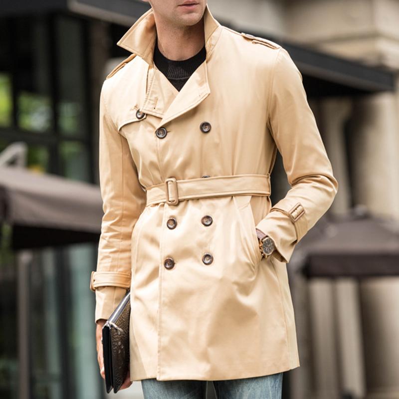 Mens British Style Mid-Length Slim Belted Lapel Double-Breasted Trench Coat 12290371M