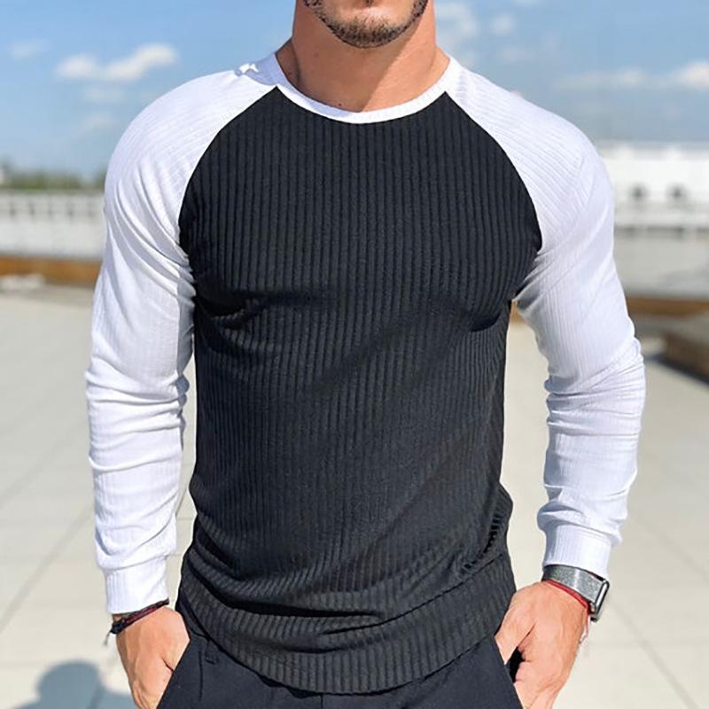 Mens Round Neck Patchwork Casual Long-sleeved T-shirt 70813664X