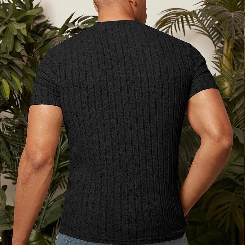 Mens Solid Striped Round Neck Short Sleeve T-shirt 94410674Z