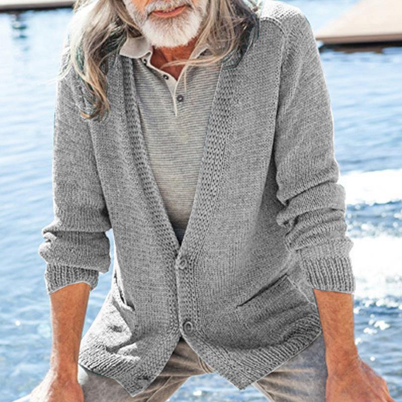 Mens Casual V-Neck Solid Color Single-Breasted Knitted Cardigan 94357944M