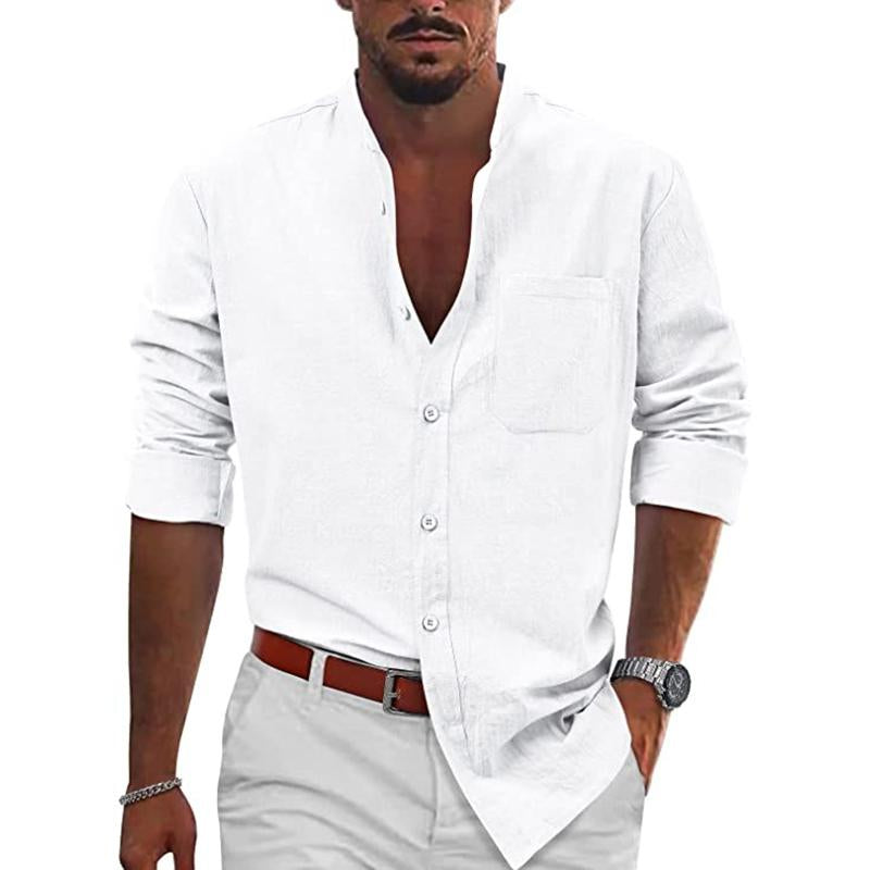 Mens Casual Solid Color Stand Collar Slim Cotton Linen Long Sleeve Shirt 71104955M