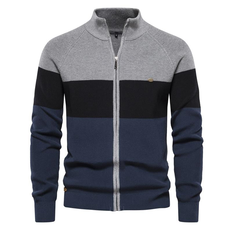 Mens Contrasting Stripe Stand Collar Knit Zipper Jacket 71280590X