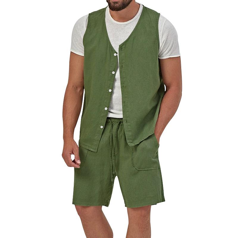 Mens Casual Loose Solid Color Sleeveless Vest Shorts Set 61445702X