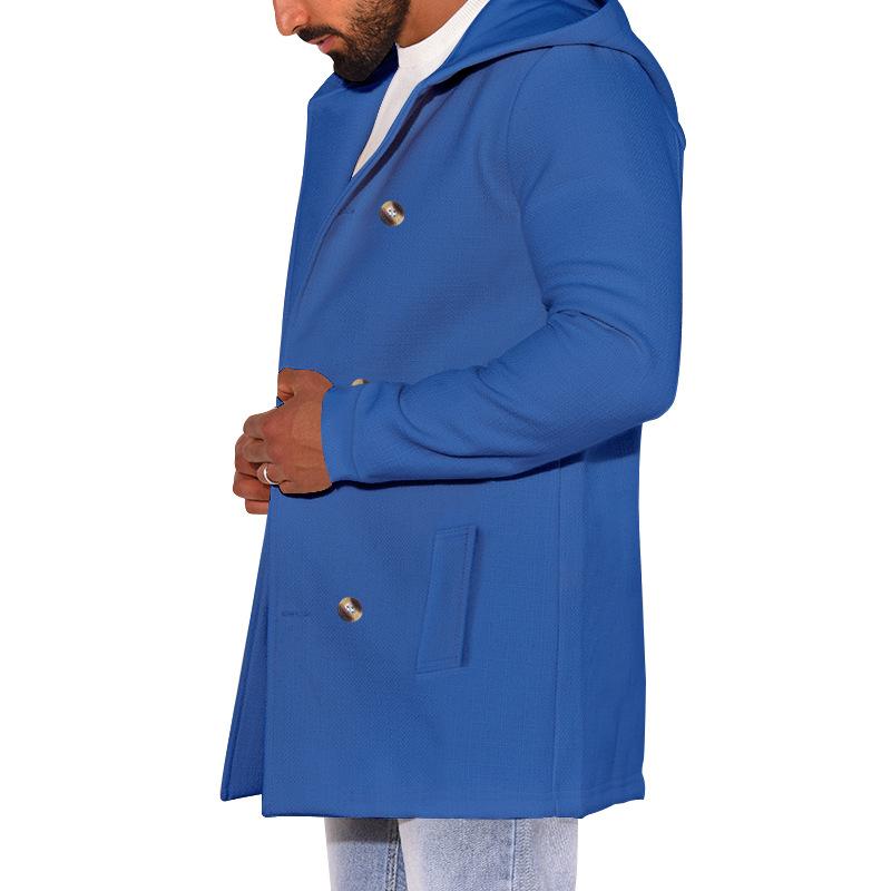 Mens Casual Solid Color Hooded Double-Breasted Long-Sleeved Windbreaker Coat 75393134M