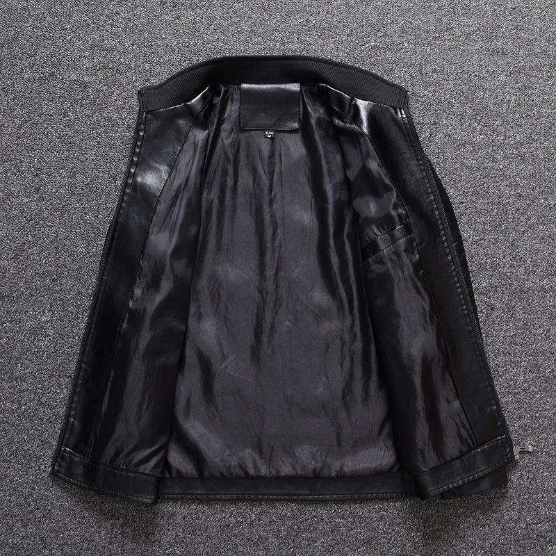 Mens Solid Color Stand Collar Leather Motorcycle Jacket 93017058X