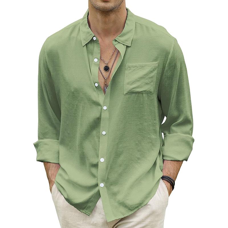 Mens Casual Lapel Linen Long Sleeve Shirt 21204935M
