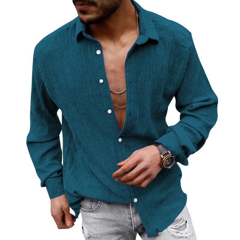 Mens Solid Loose Linen Lapel Long Sleeve Shirt 01526129Z