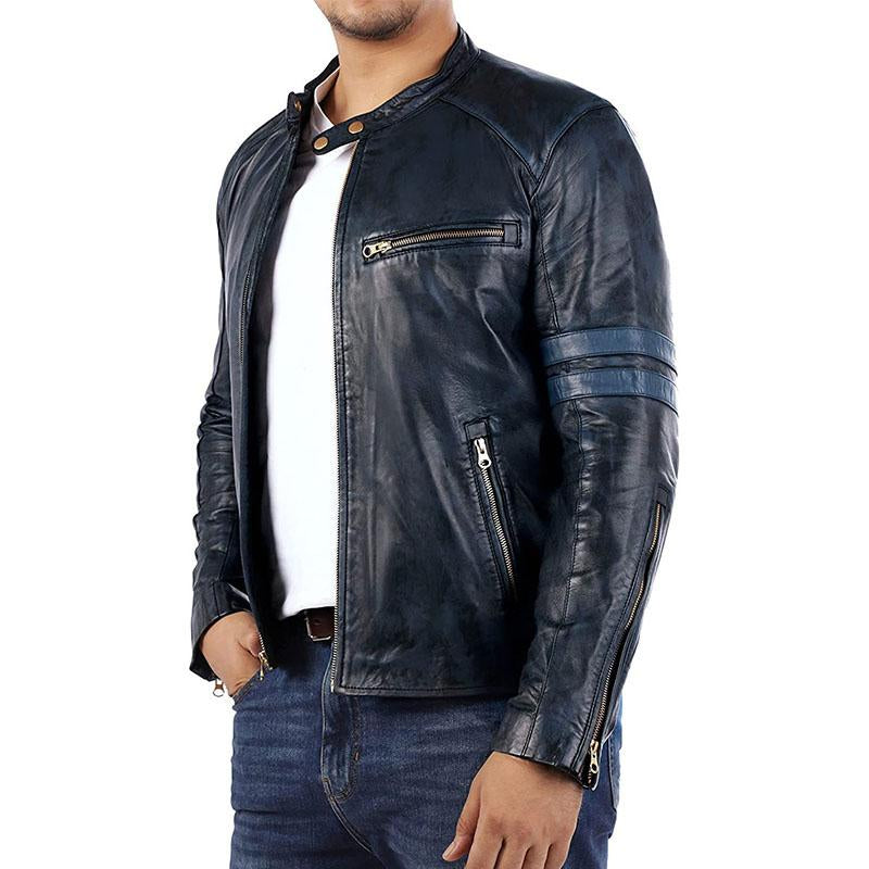 Mens Vintage Distressed Stand Collar Contrast Stitching Leather Jacket 22822210M