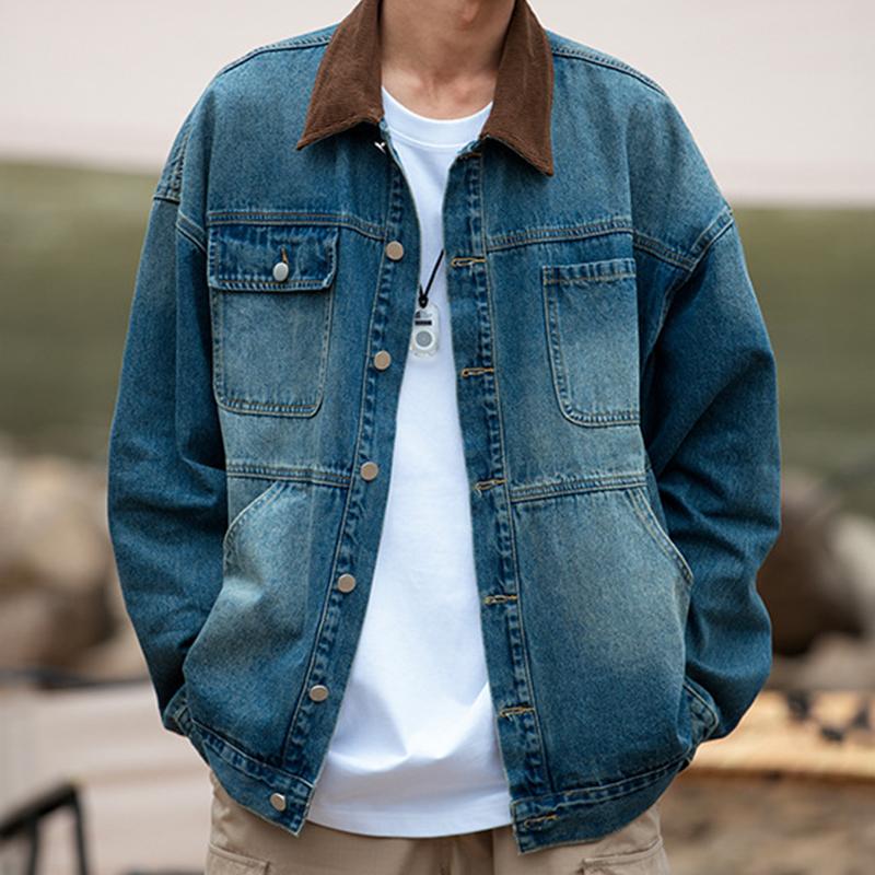 Mens Vintage Distressed Loose Corduroy Stitching Lapel Multi Pocket Denim Jacket 10790828M