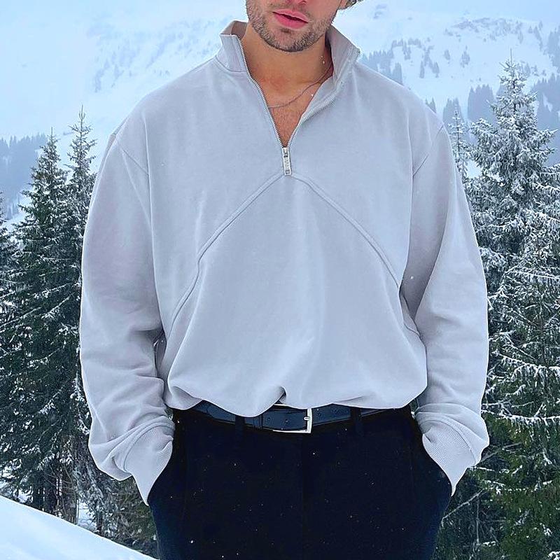 Mens Solid Zipper Stand Collar Long Sleeve Loose Sweatshirt 65662506Z