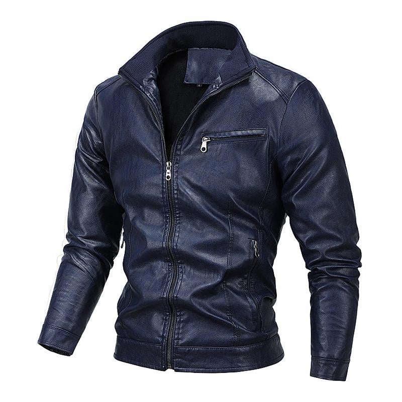 Mens Vintage Stand Collar Velvet Zipper Motorcycle Leather Jacket 80627391M