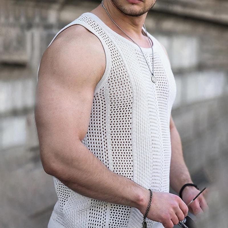 Mens Casual Hollow Sleeveless Slim Knitted Tank Top 56539678M