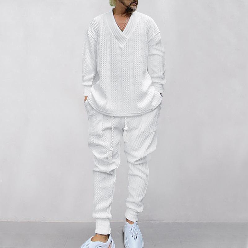 Mens Solid V-Neck Jacquard Knitwear Long Sleeve Top And Trousers Set 04682453Z