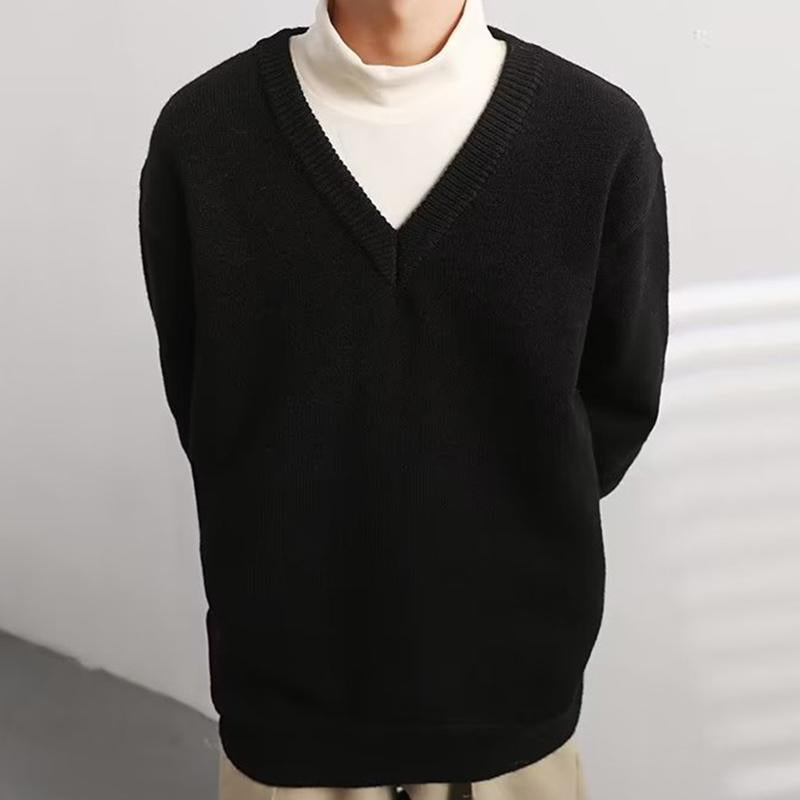 Mens Casual Solid Color V-Neck Loose Pullover Knitted Sweater 91393356M