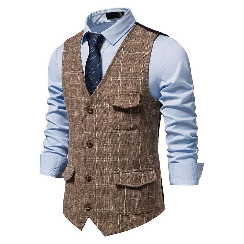 Mens Vintage Check Breast Pocket Collarless Vest 51861612Y