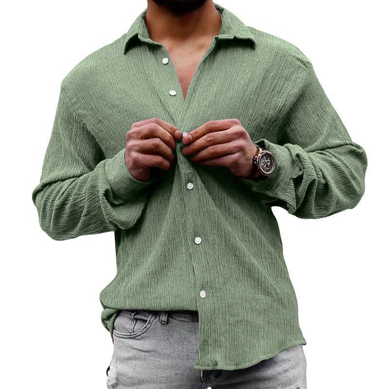 Mens Solid Loose Linen Lapel Long Sleeve Shirt 01526129Z
