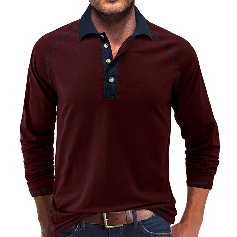 Mens Casual Color Contrasting Lapel Long Sleeve Polo Shirt 04563249M