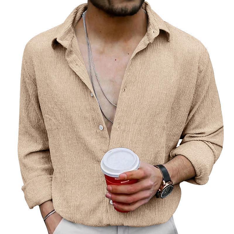 Mens Solid Loose Linen Lapel Long Sleeve Shirt 20359085Z