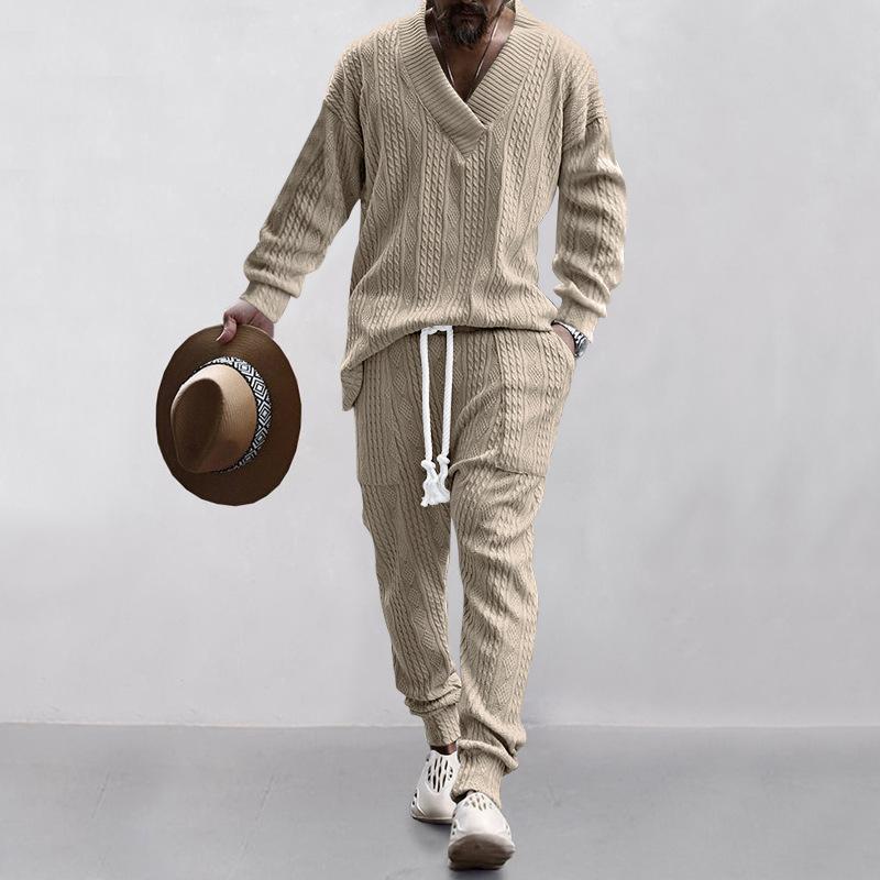 Mens Solid V-Neck Jacquard Knitwear Long Sleeve Top And Trousers Set 04682453Z