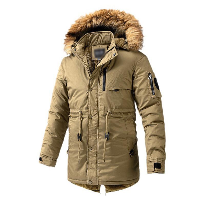Mens Casual Outdoor Fleece Warm Hooded Fur Collar Mid-Length Parka Coat 52916289M