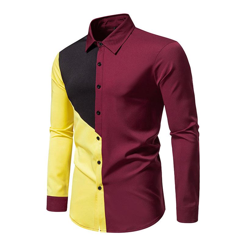 Mens Fashion Color Block Patchwork Lapel Long Sleeve Shirt 45869826M