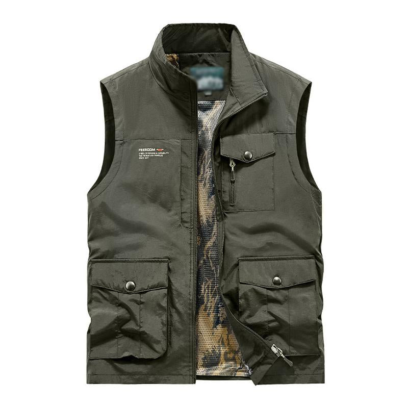 Mens Casual Stand Collar Multi-Pocket Zipper Outdoor Fishing Vest 70087995M