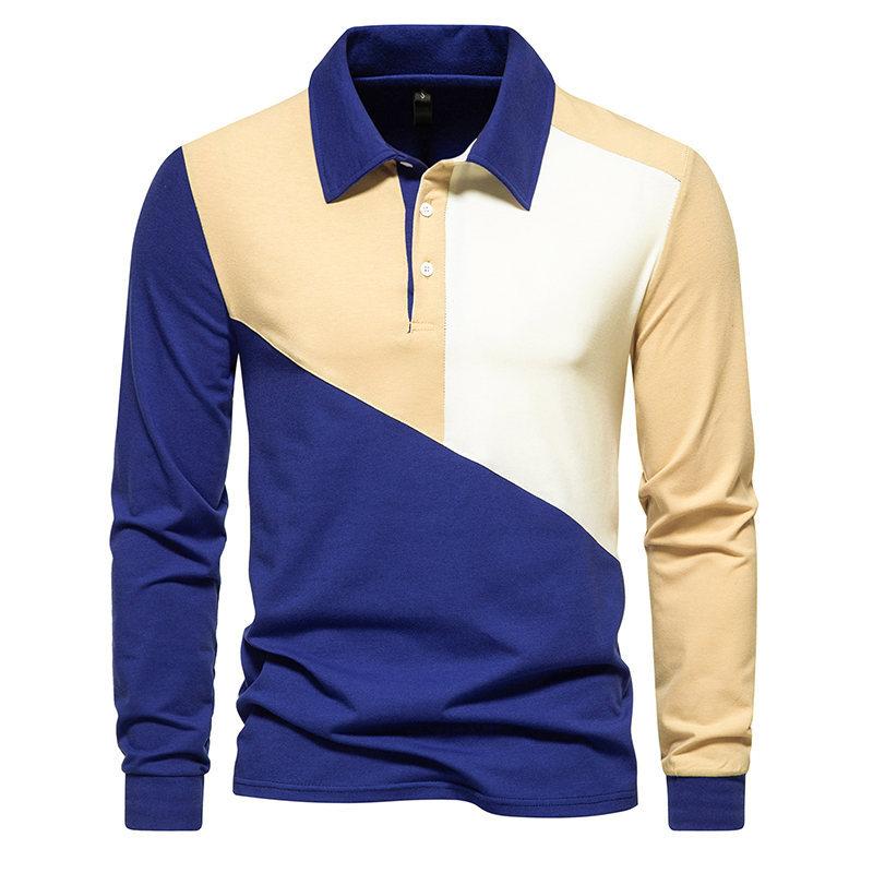 Mens Color Block Lapel Long Sleeve Casual Polo Shirt 46370091Z