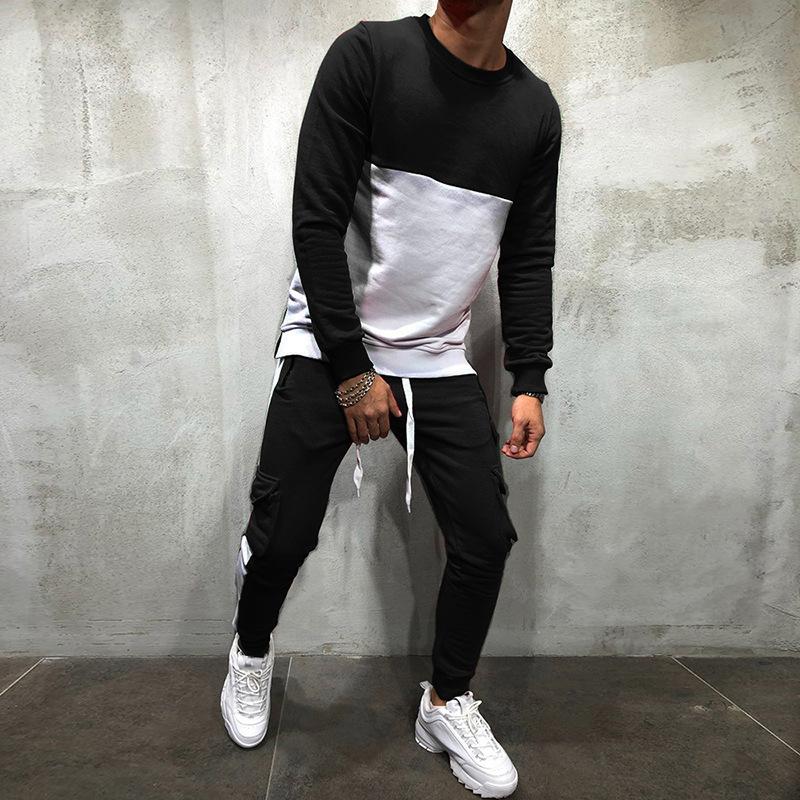 Mens Colorblock Round Neck Long Sleeve Sweatshirt Trousers Set 98502181Z