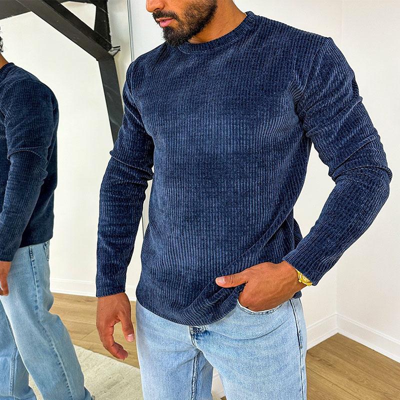 Mens Solid Corduroy Round Neck Long Sleeve T-shirt 57890367Z