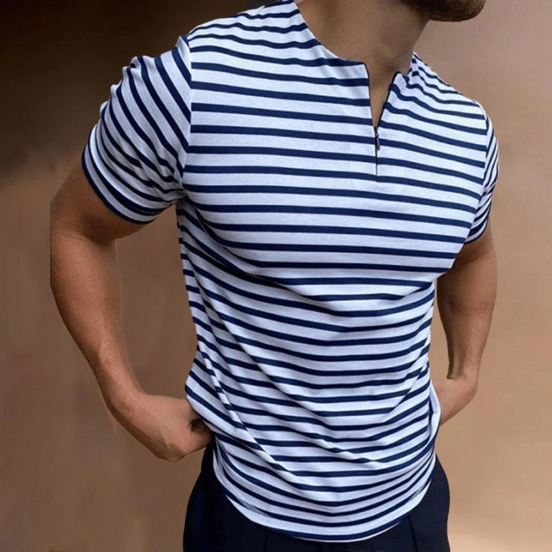 Mens Casual Striped Round Neck Zipper Short Sleeve T-Shirt 24822337Y