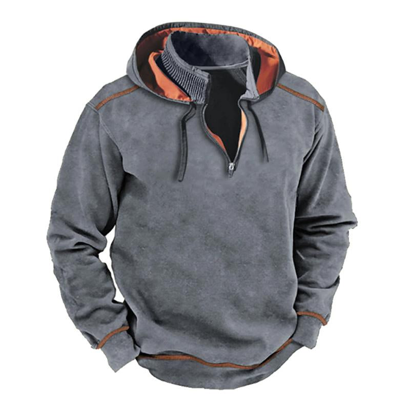Mens Vintage Contrast Zipper Stand Collar Patchwork Hooded Sweatshirt 61682011Y