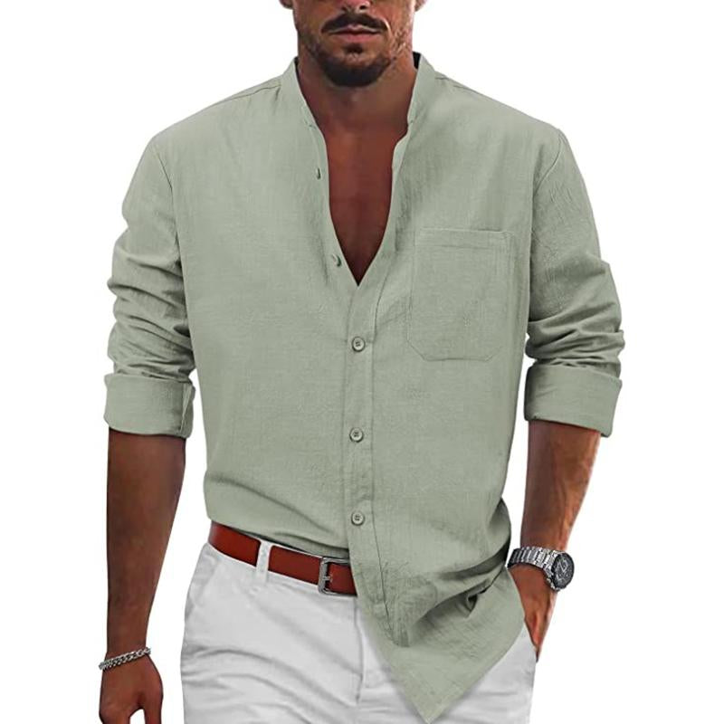 Mens Casual Solid Color Stand Collar Slim Cotton Linen Long Sleeve Shirt 71104955M