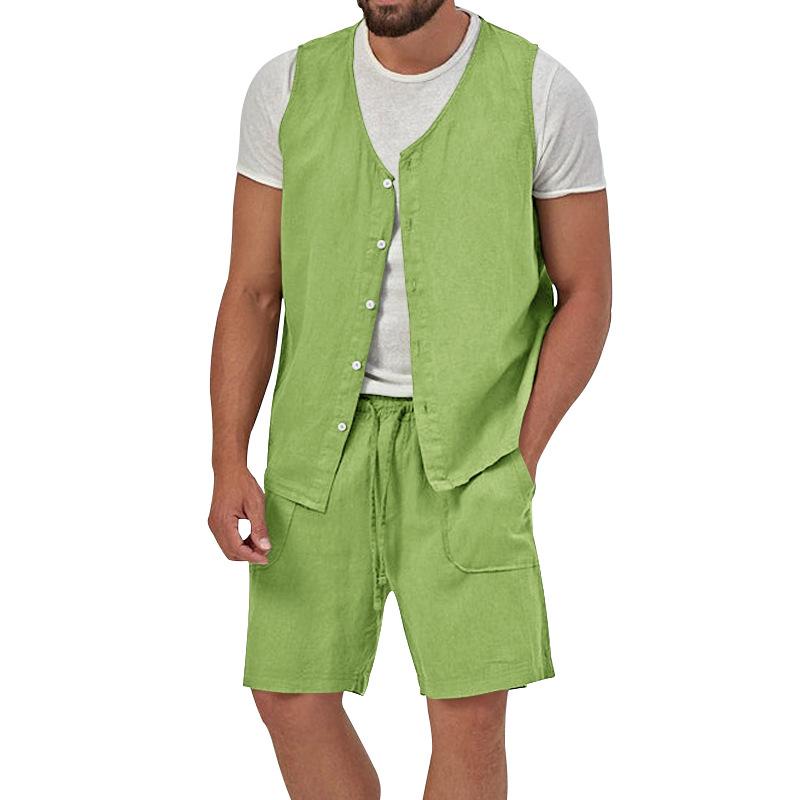 Mens Casual Loose Solid Color Sleeveless Vest Shorts Set 61445702X
