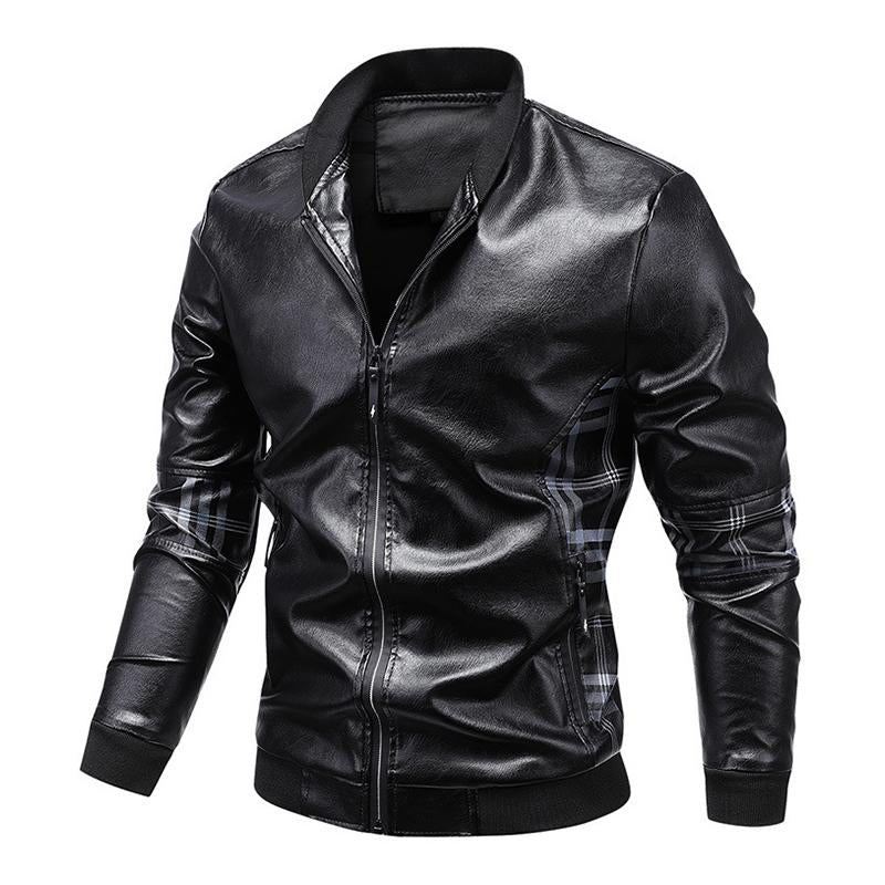 Mens Casual Stand Collar Plaid Stitching Loose Leather Jacket 92565825M
