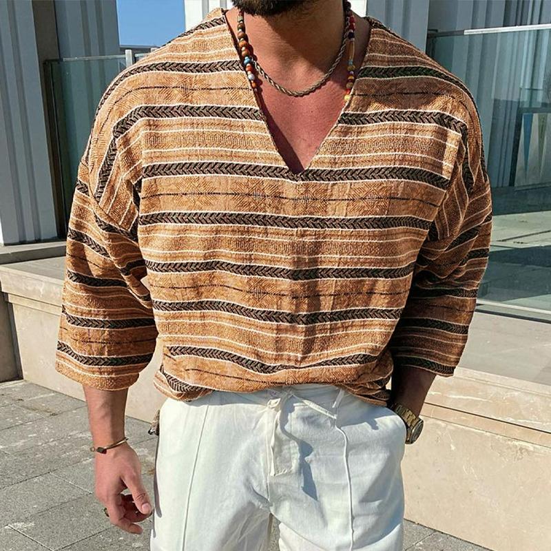 Mens Vintage Loose Stripe Printed V-Neck Long Sleeve T-Shirt 72952244Y