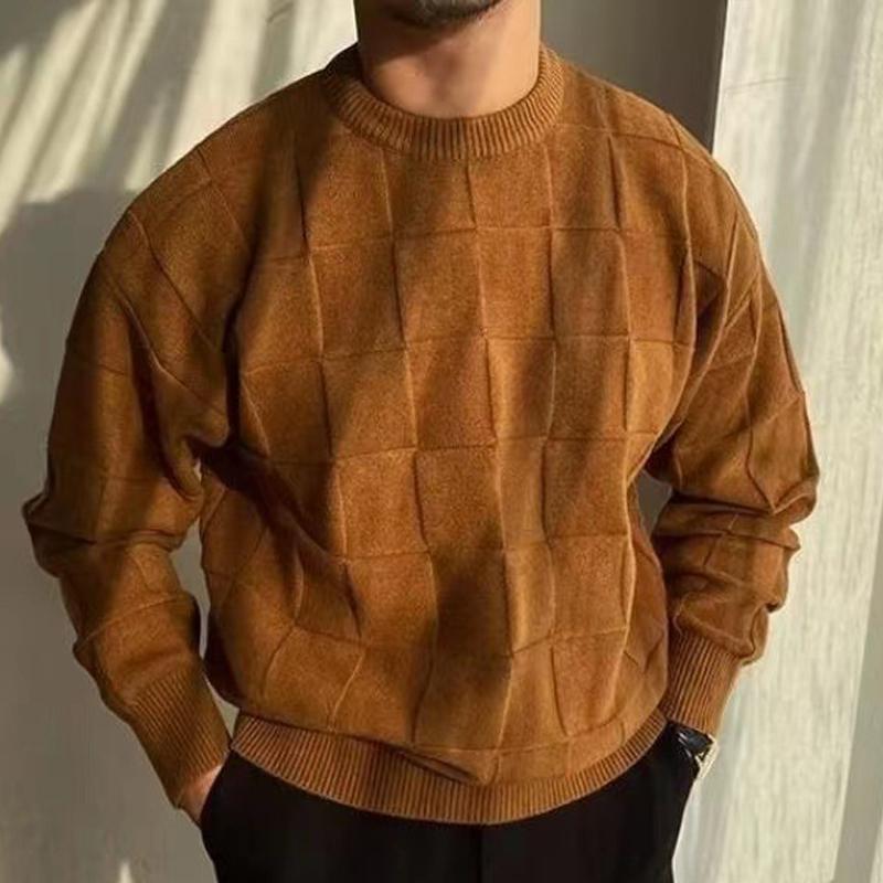 Mens Solid Color Plaid Crew Neck Knitted Sweater 94387043X