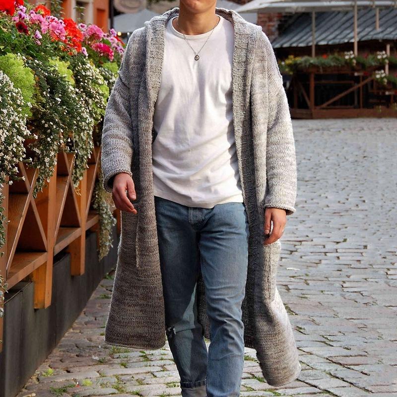 Mens Casual Solid Color Loose Long Hooded Knitted Cardigan 83442735M