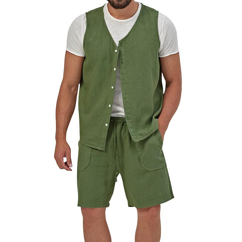 Mens Casual Loose Solid Color Sleeveless Vest Shorts Set 61445702X