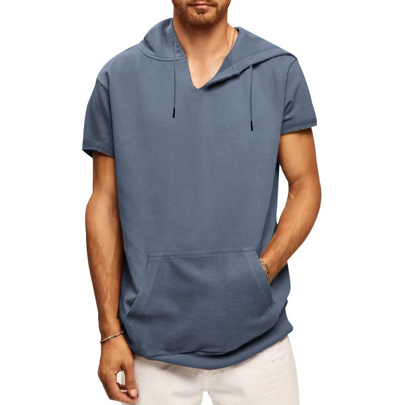 Mens Sports Casual Solid Color Hooded Short Sleeve T-Shirt 67117585Y