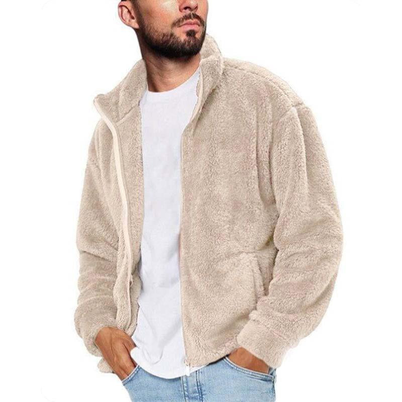 Mens Casual Solid Color Stand Collar Plush Loose Zipper Sweatshirt 60146911M