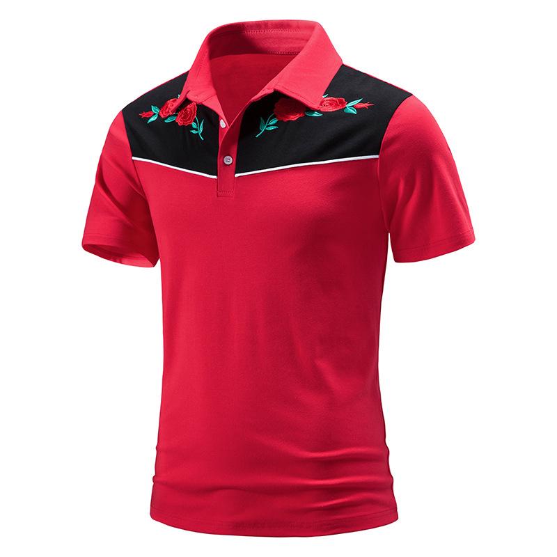 Mens Vintage Rose Embroidery Stitching Breathable Lapel Short Sleeve POLO Shirt 98245795Y