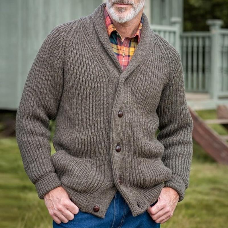 Mens Vintage Solid Color Lapel Long Sleeve Cardigan 75469213Y