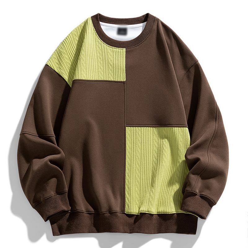 Mens Casual Round Neck Corduroy Contrast Patchwork Loose Sweatshirt 97651605M