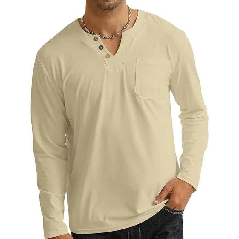 Mens Casual Solid Color V-Neck Chest Pocket Long Sleeve T-Shirt 58233004Y