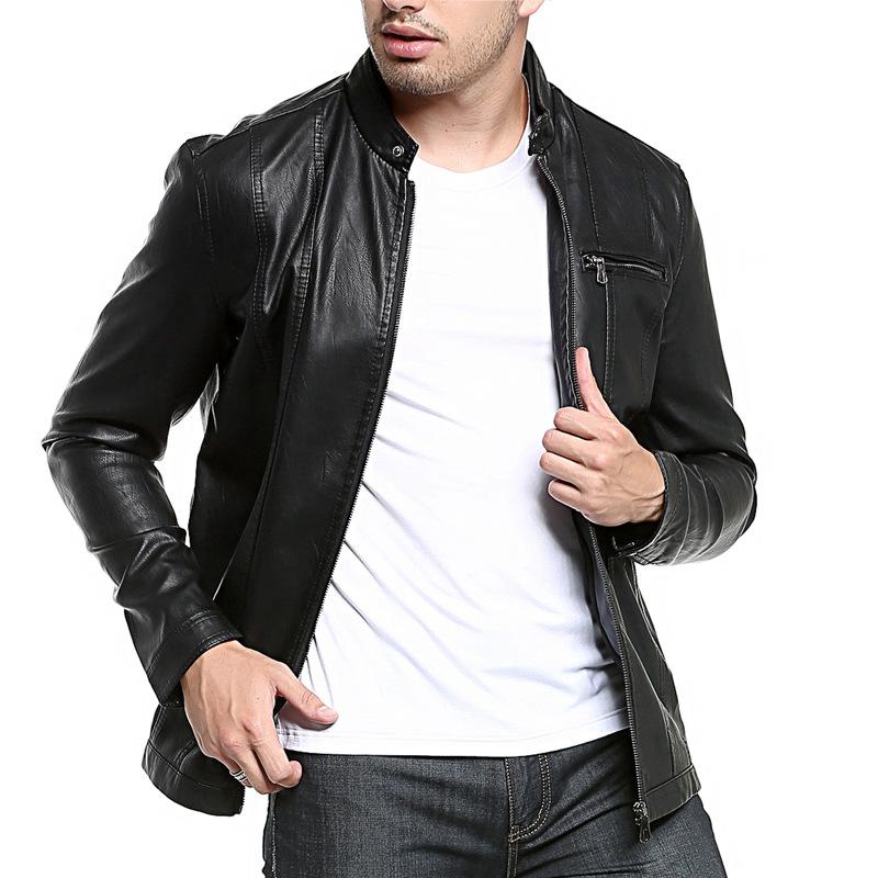 Mens Stand Collar Zip Slim Pu Leather Bike Jacket 15252134Z