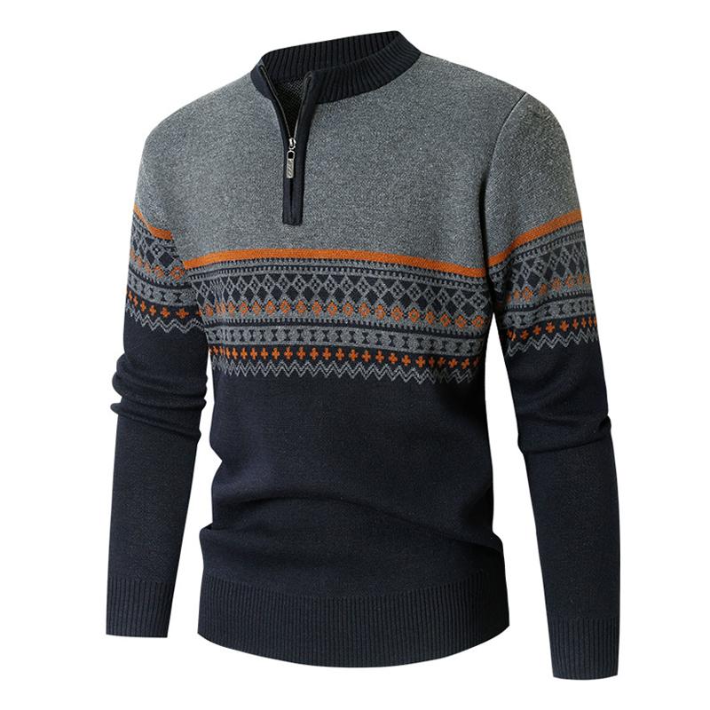 Mens Round Neck Half Zip Loose Striped Sweater 93027647X