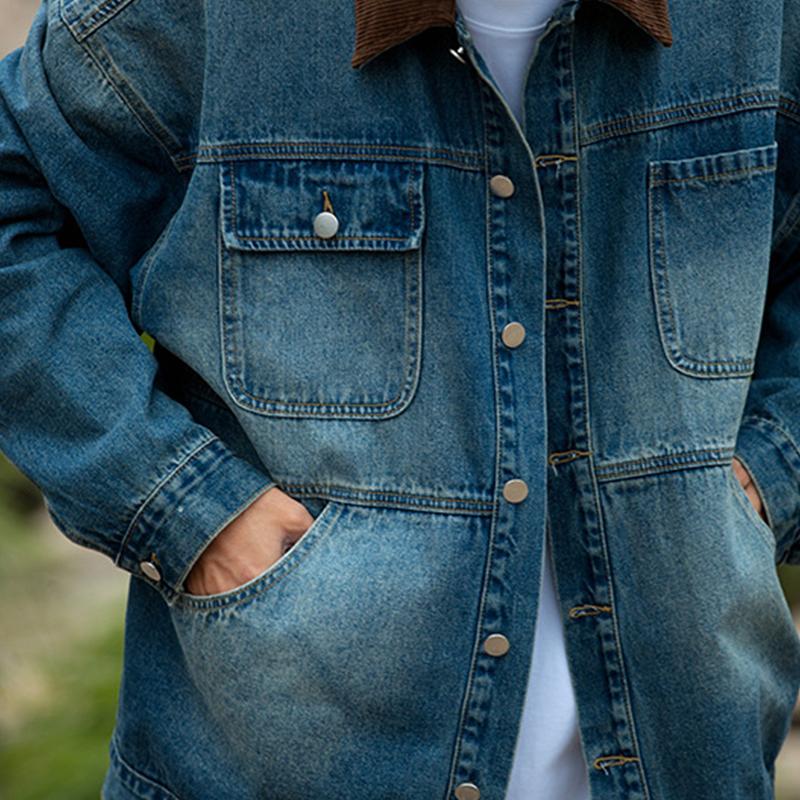 Mens Vintage Distressed Loose Corduroy Stitching Lapel Multi Pocket Denim Jacket 10790828M