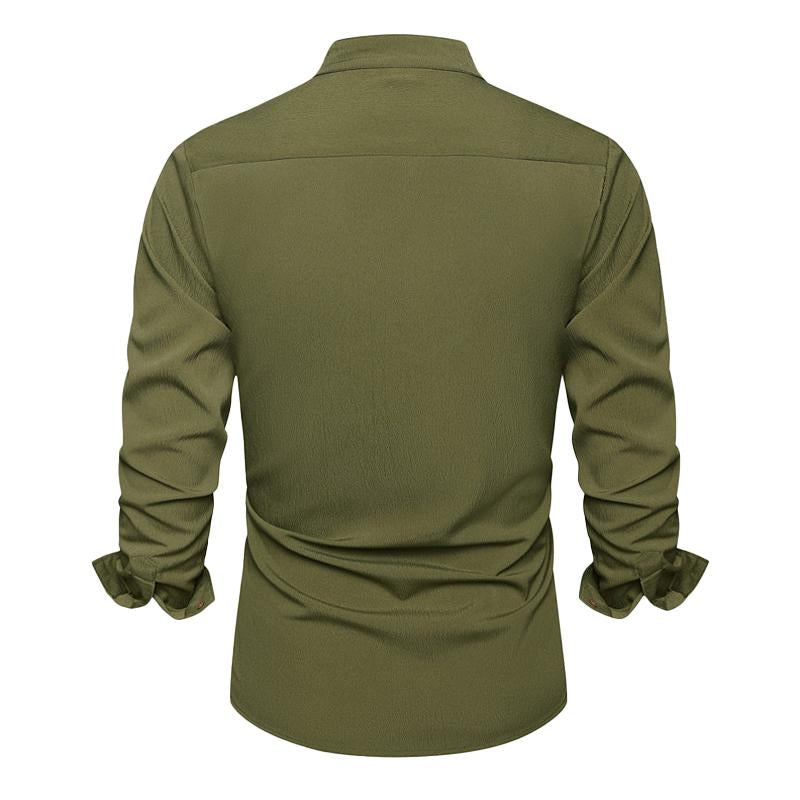 Mens Solid Color Simple Stand Collar Loose Casual Long Sleeve Shirt 01867878X