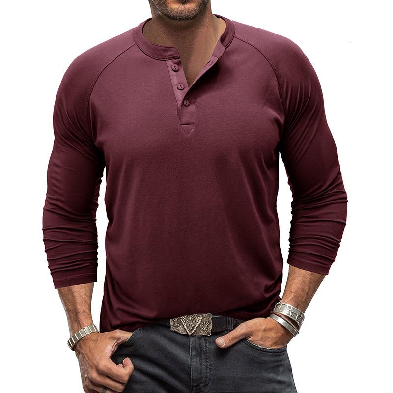 Mens Casual Solid Color Henley Collar Raglan Long Sleeve T-Shirt 50906105Y
